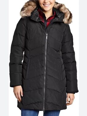Eddie Bauer Sun Valley Black Hooded Down Parka with Faux Fur Trim